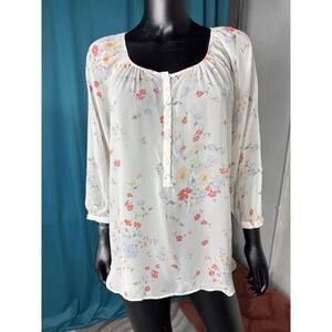 LC‎ Lauren Conrad Floral Print Blouse Top Button Up Semi Sheer White Size M